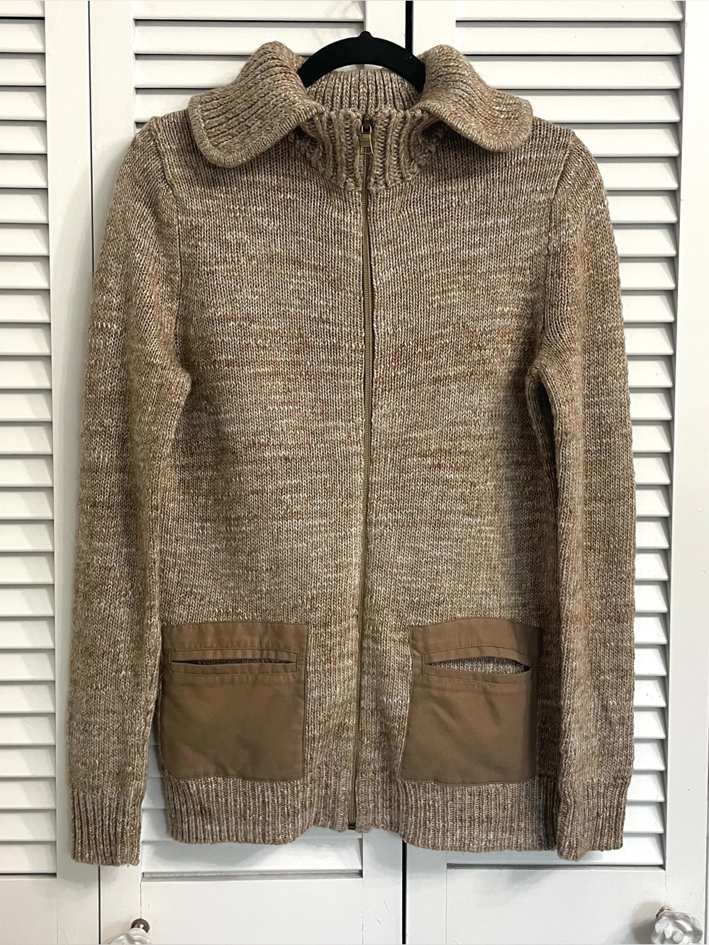 GAP Heathered Tan Alpaca Wool Blend Collared Zip Up Cardigan Sweater Pockets S
